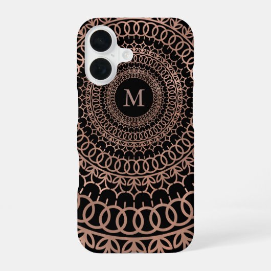 Coque iPhone 16 Faux or rose et noir mandala monogramme complexe (Verso)