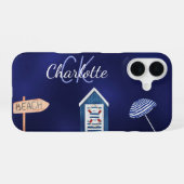 Coque iPhone 16 Fête de plage bleu blanc monogramme nom (Verso Horizontal)