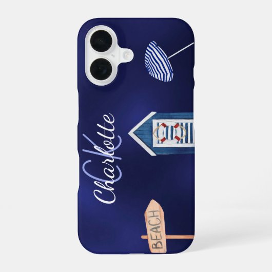 Coque iPhone 16 Fête de plage bleu blanc monogramme nom (Verso)