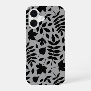 Coque iPhone 16 Feuilles tombés Lg Motif noir sur gris