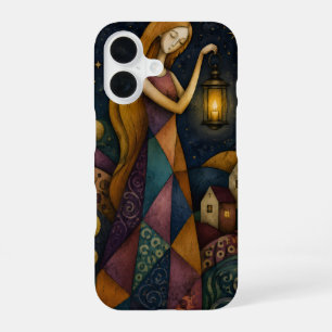 COQUE iPhone 16 FILLE À LA LANTERNE SOUS UN CIEL ÉTOILÉ BLEU