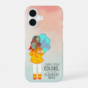 Coque iPhone 16 Fille avec parapluie dans le vent Citation positiv