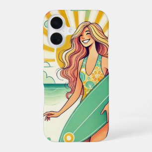 Coque iPhone 16 Fille de surfeur avec planche de surf