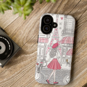 Coque iPhone 16 Fille Parisienne - Tour Eiffel mignonne et rue du 