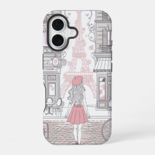 Coque iPhone 16 Fille Parisienne - Tour Eiffel mignonne et rue du