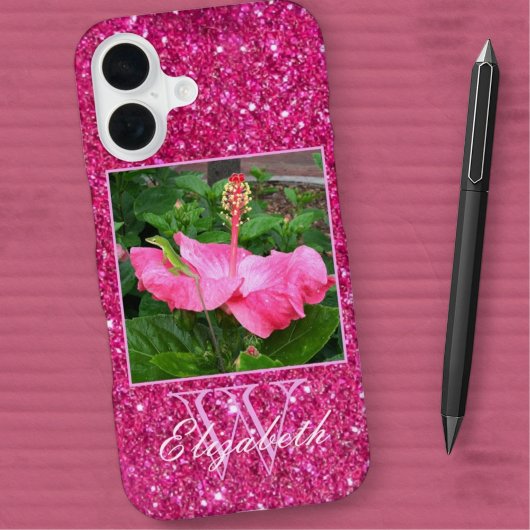 Coque iPhone 16 Fille Parties scintillant rose Monogramme Nom phot