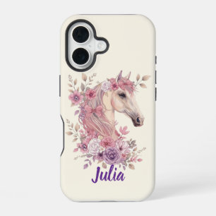 Coque iPhone 16 Filles Jolis Poneys Floral Pastel Cheval