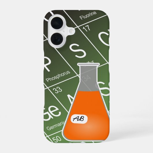 Coque iPhone 16 Flacon Erlenmeyer orange (avec initiales) Chimie (Verso)