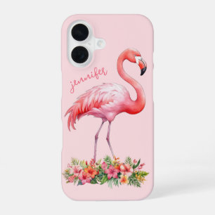 Coque iPhone 16 Flamant rose avec fleurs tropicales