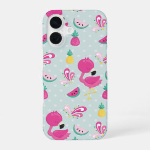Coque iPhone 16 Flamingo rose et motif de fruits tropicaux