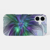 Coque iPhone 16 Fleur Abstraite Moderne Fractale Verte Violette (Verso Horizontal)