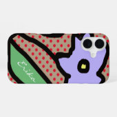 Coque iPhone 16 fleur bleue, points & nom (Verso Horizontal)