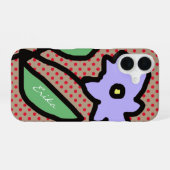 Coque iPhone 16 fleur bleue, points & nom (Verso Horizontal)