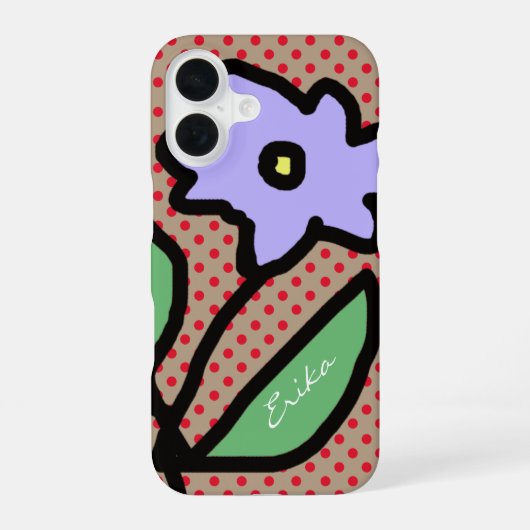 Coque iPhone 16 fleur bleue, points & nom (Verso)