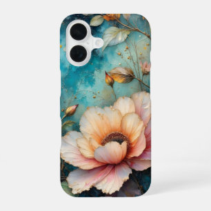 Coque iPhone 16 Fleur de Cosmos Abricot sur fond sarcelle