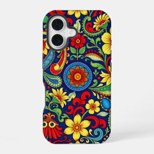 Coque iPhone 16 Fleur de couleurs arc-en-ciel motif paisley