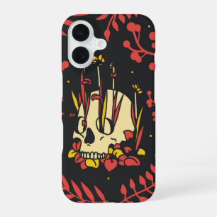 Coque iPhone 16 Fleur de renaissance - Contraste crâne et flore