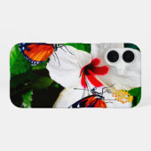Coque iPhone 16 Fleur d'Hibiscus avec 2 papillons Longwing du tigr (Verso Horizontal)