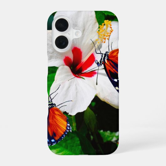 Coque iPhone 16 Fleur d'Hibiscus avec 2 papillons Longwing du tigr (Verso)