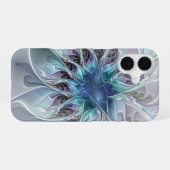 Coque iPhone 16 Fleur fractale moderne abstraite avec du bleu (Verso Horizontal)