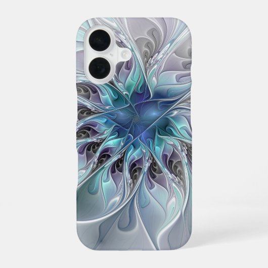 Coque iPhone 16 Fleur fractale moderne abstraite avec du bleu (Verso)