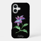 Coque iPhone 16 Fleur Iridescente grande, Nom de script sur noir (Verso)