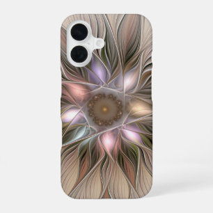 Coque iPhone 16 Fleur joyeuse Abstrait Beige Brun Floral Fractale