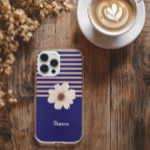 Coque iPhone 16 Fleur Moderne Bleue Pêche