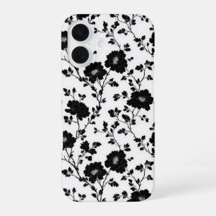 Coque iPhone 16 Fleur noire monochrome vintage Toile Nature