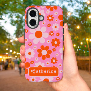 Coque iPhone 16 Fleur Rétro Groovy Orange Rose Personnalisé
