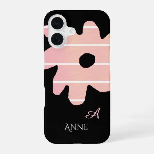 Coque iPhone 16 fleur rose striée avec nom et initiale (Verso)
