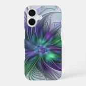 Coque iPhone 16 Fleur vert violet Art Abstrait moderne Fractal (Verso)