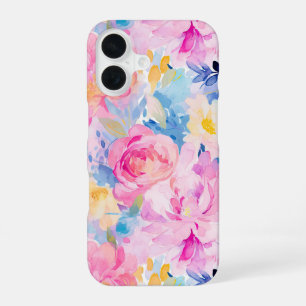 Coque iPhone 16 Fleurs aquarelles abstraites roses et bleues