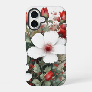 Coque iPhone 16 Fleurs blanches et rouges Élégante aquarelle