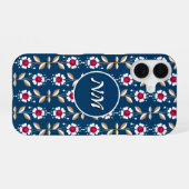 Coque iPhone 16 Fleurs blanches rétro sur fond bleu foncé (Verso Horizontal)