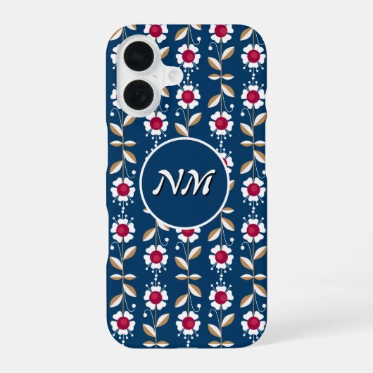 Coque iPhone 16 Fleurs blanches rétro sur fond bleu foncé (Verso)