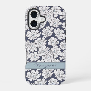 Coque iPhone 16 Fleurs blanches rustiques croquis teinte bleue nom