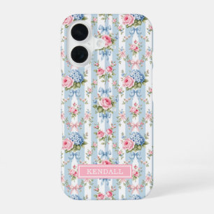 Coque iPhone 16 Fleurs bleues et roses et rubans rayés