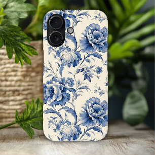 Coque iPhone 16 Fleurs bleues vintage sur ivoire