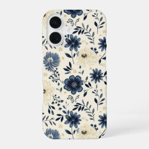 Coque iPhone 16 Fleurs d'art populaire vintage bleu marine beige