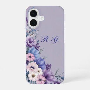 Coque iPhone 16 Fleurs délicates bleues, blanches, roses et violet