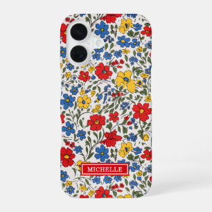 Coque iPhone 16 Fleurs Ditsy Bleu Rouge et Jaune Monogrammées