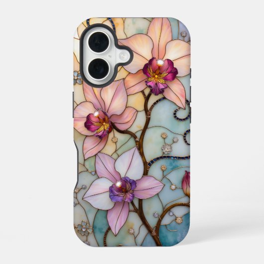 Coque iPhone 16 Fleurs d'Orchidée en Vitrail (Verso)