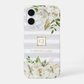 Coque iPhone 16 Fleurs Dorées | Monogramme Floral Rayures Grises (Verso)