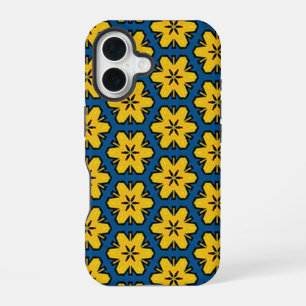 Coque iPhone 16 Fleurs Florales Géométriques Bleu Jaune Nordique R