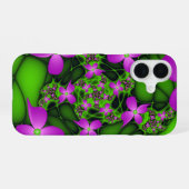 Coque iPhone 16 Fleurs fractales abstraites modernes rose vert néo (Verso Horizontal)