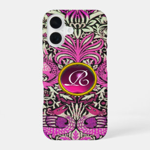 COQUE iPhone 16 FLEURS, PAONS ET DRAGON PIERRE GEMME MONOGRAMME