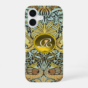 COQUE iPhone 16 FLEURS, PAONS ET DRAGONS JAUNE GEMME MONOGRAMME