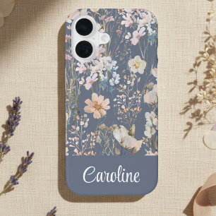 Coque iPhone 16 Fleurs personnalisées bleu ardoise