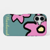 Coque iPhone 16 fleurs roses avec le nom fait sur commande (Verso Horizontal)